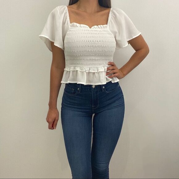 NWT Anthropologie White Smocked Crop Top with Flutter Sleeve - Picture 5 of 5